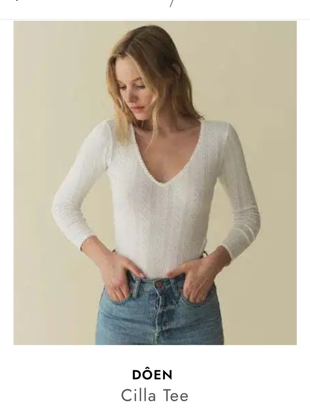 DÔEN Cilla V-Neck White Pointelle Long Sleeved Tee in White. Size Small.